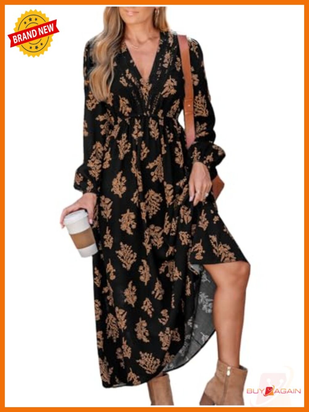 Floral Lace Trim V-Neck Long Sleeve Maxi Dress Rayon Flowy